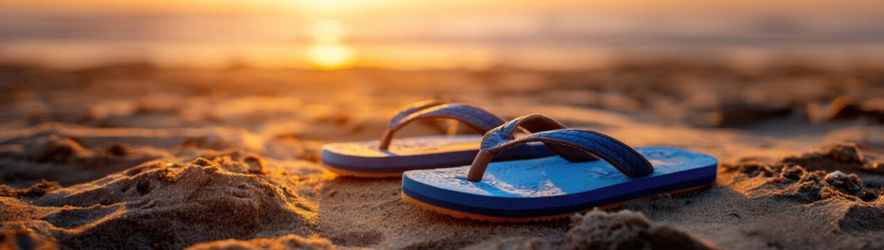 Beach sandals in sand at sunset