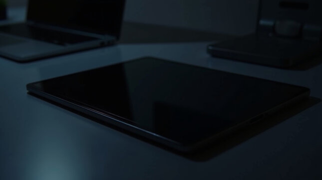 Tablet screen turned off on desk reflecting dim light during electricity blackout