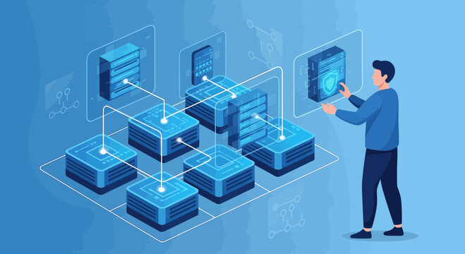 Man Interacting with Futuristic Digital Server Network