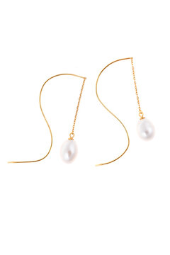 Elegant pair of modern gold threader earrings with dangling white pearls. Luxury women's jewelry accessory isolated on a white