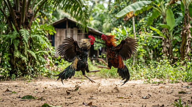 two roosters fighting on the sand