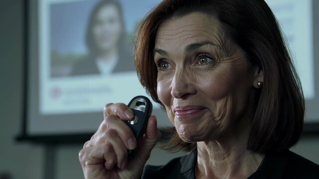 Caucasian woman holding a remote control device, preparing to engage with a presentation displayed on a screen in a well-lit indoor setting