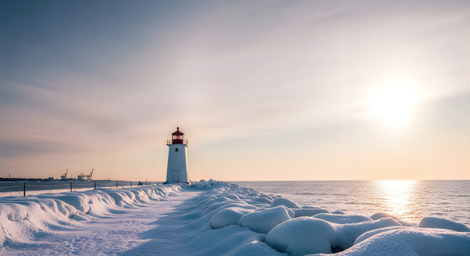 Snowcovered lighthouse on a pier at sunset in winter