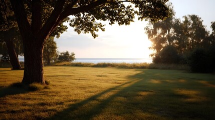 Fototapeta premium Golden hour sunlight illuminates a grassy meadow with long tree shadows overlooking the calm sea