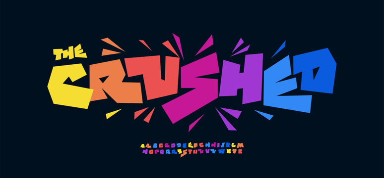 Fun Kid Font, Colorful Playful Logo Alphabet, Crushed Geometric Letters. Cartoon Typography, Rebellious Typographic Design for Comics Title, Kids Birthday Headline, Carnival Posters. Vector typeface