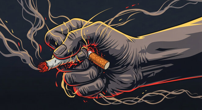 A clenched fist crushing a lit cigarette, with smoke and embers swirling around it.