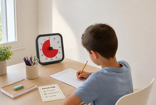 Child studying with visual timer for focused time management routine