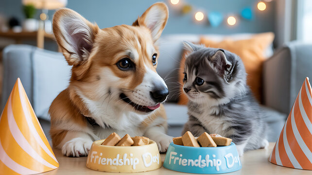 Adorable corgi dog and tabby kitten celebrate friendship day with treats and party hats