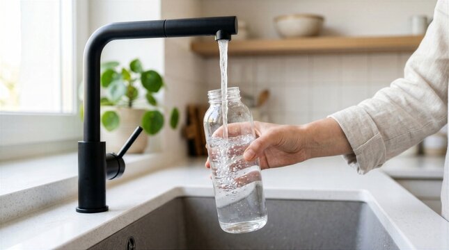 A person is filling a reusable glass bottle with fresh tap water from a modern black faucet in a bright kitchen setting. This image promotes sustainability and healthy hydration habits.
