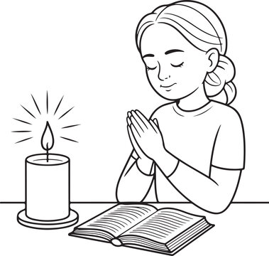 A young girl praying with closed eyes beside an open book candle