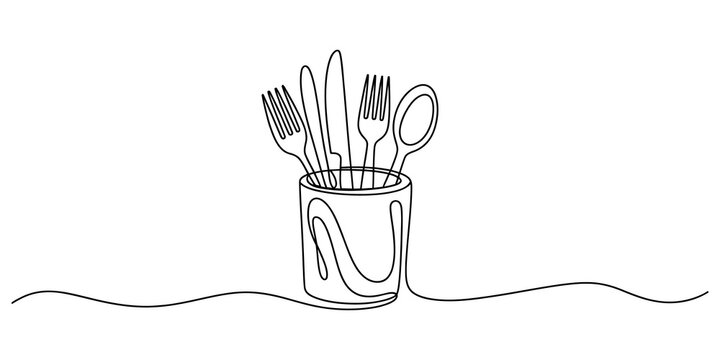 Continuous line drawing of kitchen cutlery in a cup