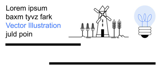 Naklejka premium Clean energy, sustainability, nature, innovation, eco-friendly practices, technology. Windmill with wheat and light bulb. Clean energy and sustainability concepts