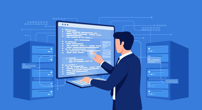 Man coding on computer, servers and network lines, tech concept illustration