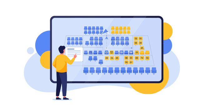 Man Analyzing Digital Seating Chart on Tablet Screen, Meeting Room Layout