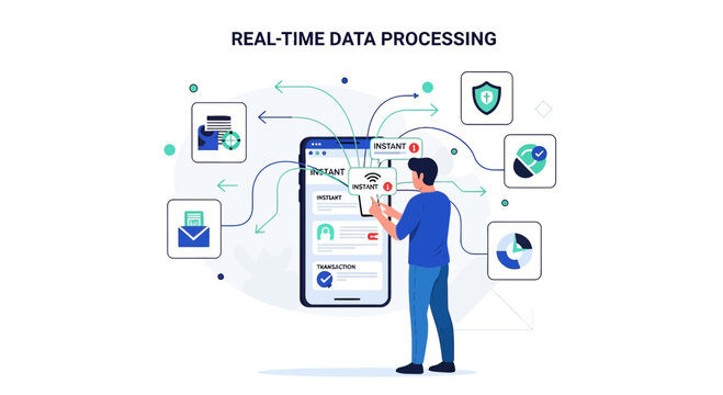 Man controlling real-time data processing on smartphone, technology concept