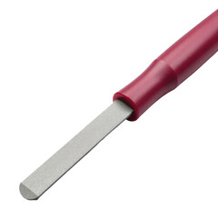 Fototapeta premium A sharp knife with a bright red handle placed on a clean white surface
