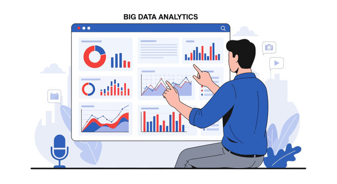Man analyzes big data charts on a digital dashboard, technology concept
