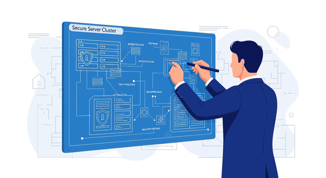 Man drawing secure server cluster blueprint, cybersecurity plan concept