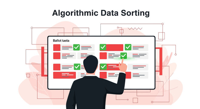 Man analyzing algorithmic data sorting interface, technology concept