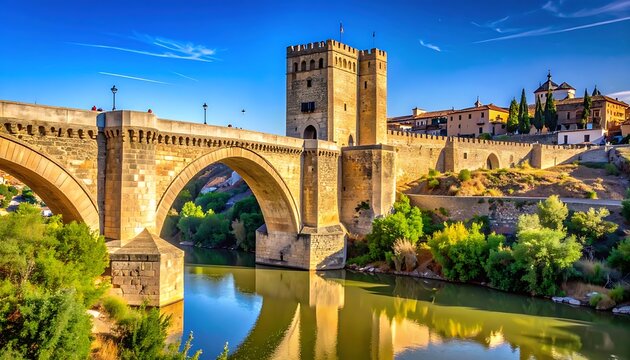 historic stone bridge spanning a river, ancient castle tower on hill, sunny day, travel landmark, European architecture, scenic vista