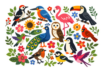 Naklejka premium Colorful cartoon birds like flamingos, owls, peacocks, toucans, and hummingbirds among bright flowers and foliage