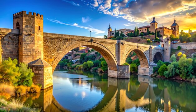 Historic stone bridge spanning a river with a medieval town on a hill at sunset, golden hour light illuminating architecture and reflection in water