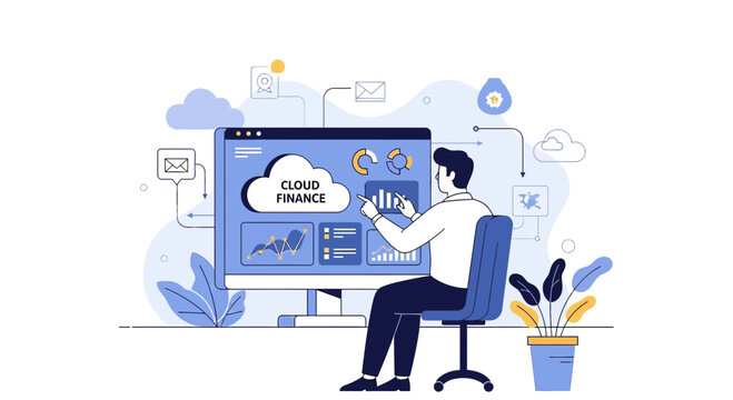 Man Analyzing Cloud Finance Data on Computer Screen, Technology Concept