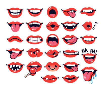 Collection of vibrant red lip cartoons with different expressions, including smiling, laughing, sticking out tongue, and vampire fangs