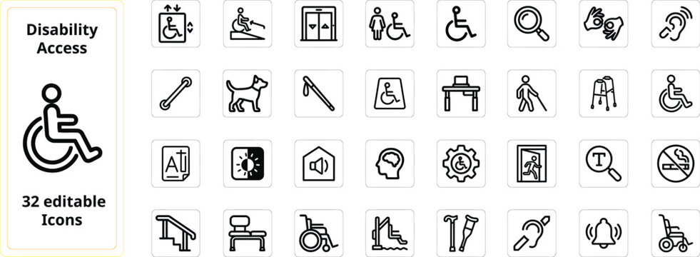 Disability access icons set 32 editable symbols for inclusive design
