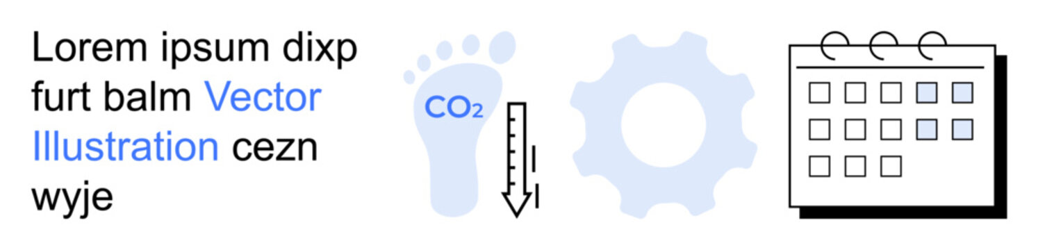 Sustainability, carbon footprint reduction, eco-friendly initiatives, environmental awareness, energy conservation, time management. Blue footprint with CO2, gear and calendar icons. Sustainability
