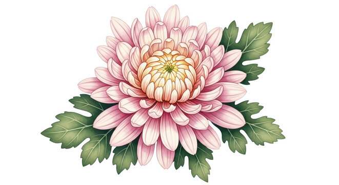 Pink chrysanthemum flower head with green leaves isolated as a botanical illustration on transparent background