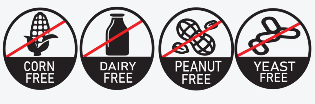 Allergen-Free Food Labels Set: Corn, Dairy, Peanut, and Yeast Free Icons Bundle - Vector Sign Collection for Dietary Restrictions, Food Packaging Design, and Allergy Safety Alerts
