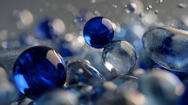 composed of reflective liquid mercury, shallow depth of field, complementary color palette, monochromatic blue, clean composition, octane render quality, bird's eye view, vray render, creamy