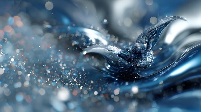 composed of reflective liquid mercury, shallow depth of field, complementary color palette, monochromatic blue, clean composition, octane render quality, bird's eye view, vray render, creamy