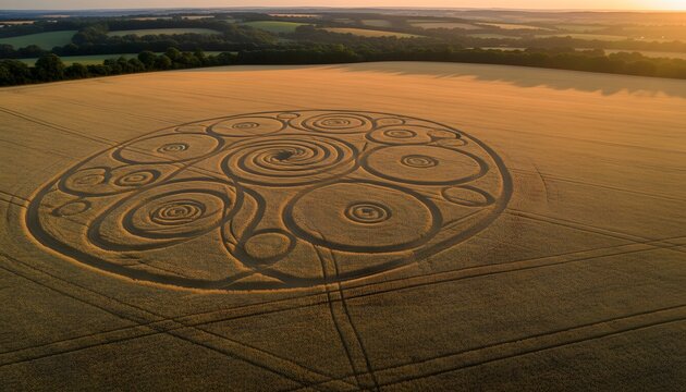 Aerial view of a crop circle pattern in a wheat field during sunset for world ufo day concept, capturing the mystery of extraterrestrial phenomena and sacred geometry