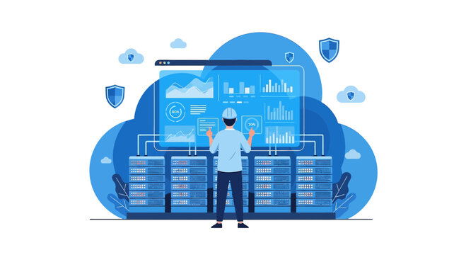 IT Technician Man Working with Server Racks and Data Analytics Dashboard