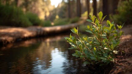 Fototapeta premium Fresh green saplings thrive by a quiet reflective stream under soft golden forest sunlight