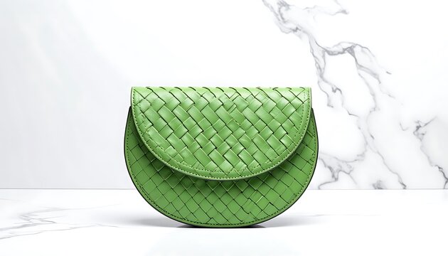 Isolated green woven leather handbag with a curved flap and metallic detailing, presented on a marble surface with a subtle marble background