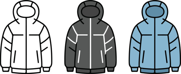Minimalist winter puffer jacket icon set with hooded parka vectors for cold weather fashion outdoor apparel and seasonal clothing retail projects. © israena