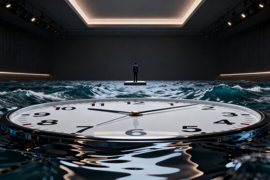 Businessman facing time pressure with large clock floating in ocean waves, surreal concept of deadlines and time management