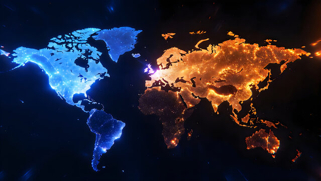 Glowing world map at night