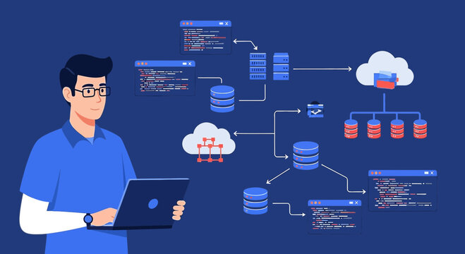 IT Professional with Laptop and Data Flow Diagram
