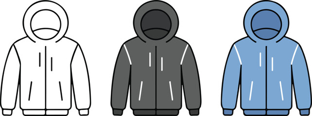 Minimalist winter puffer jacket icon set with hooded parka vectors for cold weather fashion outdoor apparel and seasonal clothing retail projects. © israena