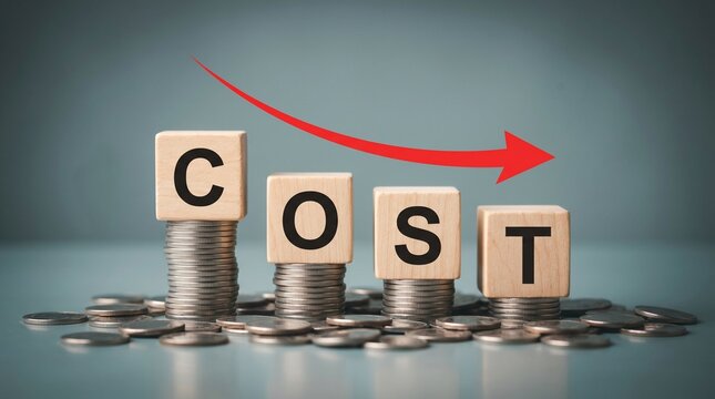 Wooden blocks spelling cost are placed on top of stacks of silver coins with a red arrow pointing down downward