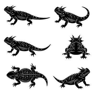 Black and white vector silhouette set of Horned Lizard