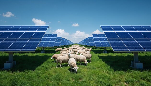 Sustainable agrivoltaics solar farm with sheep grazing under panels.