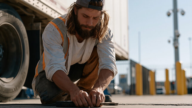 Cargo security supervisor installs GPS tracking device beneath chassis of high-value pharmaceutical shipment trailer in secure freight yard, kneeling on concrete with specialized tool as security bo