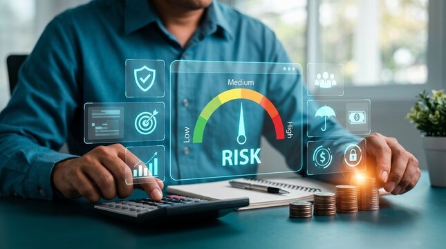 A professional accountant uses a calculator to evaluate financial risk metrics displayed on a futuristic digital dashboard interface for analysis