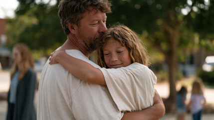 Obraz premium Biological father reuniting with his foster daughter in park setting, social worker standing at respectful distance, child tentatively accepting embrace, summer trees behind them, afternoon light fi