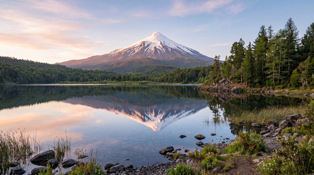 Lanin Volcano Reflection in Lake Tromen at Sunrise, Patagonia, Argentina